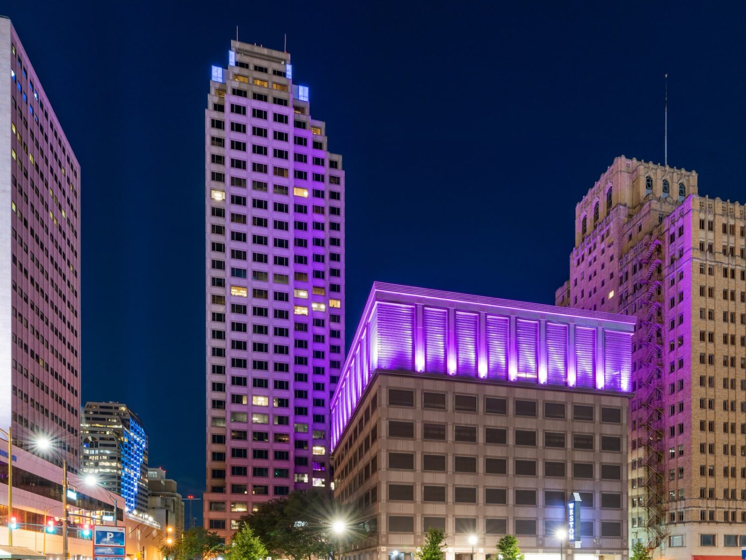 weston parking garage purple lights