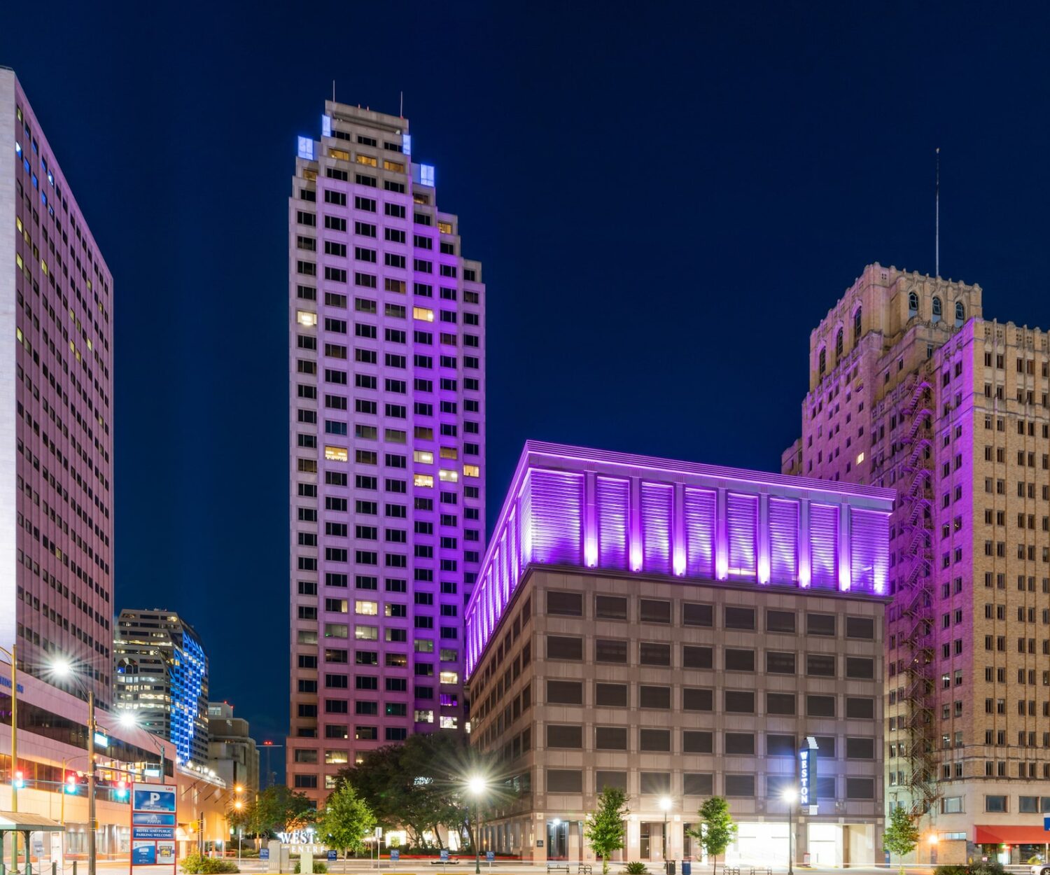 weston parking garage purple lights