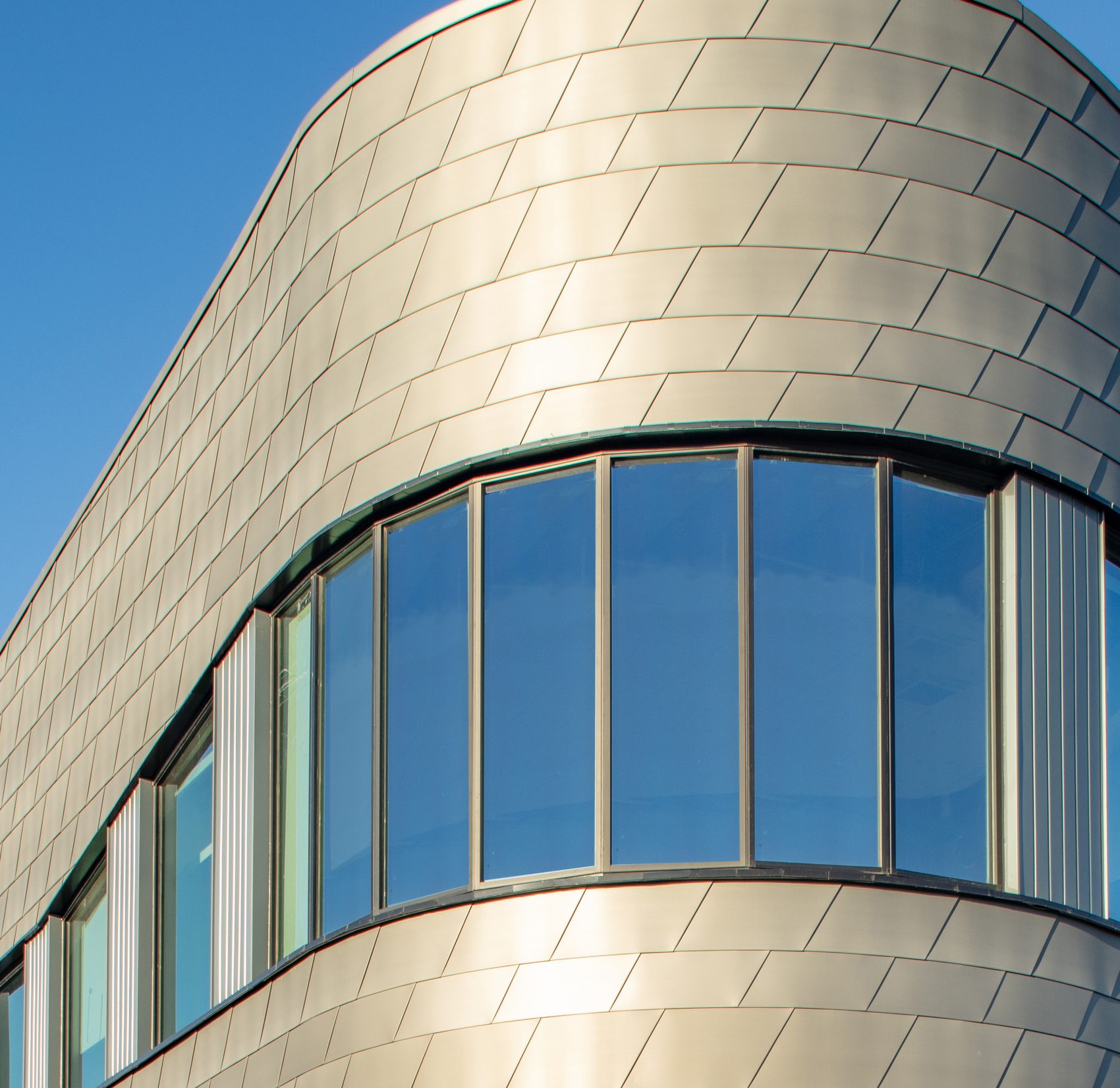 The sweeping curved zinc facade of Northglenn City Hall, custom trapezoidal flat lock panels following the radius with low sun raking across the seams above a ribbon window band.
